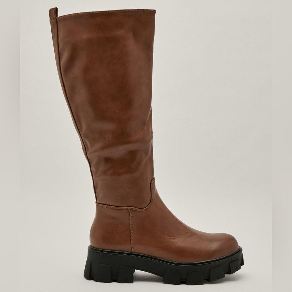 Nasty Gal Pu Knee High Cleated Dark Tan Boot